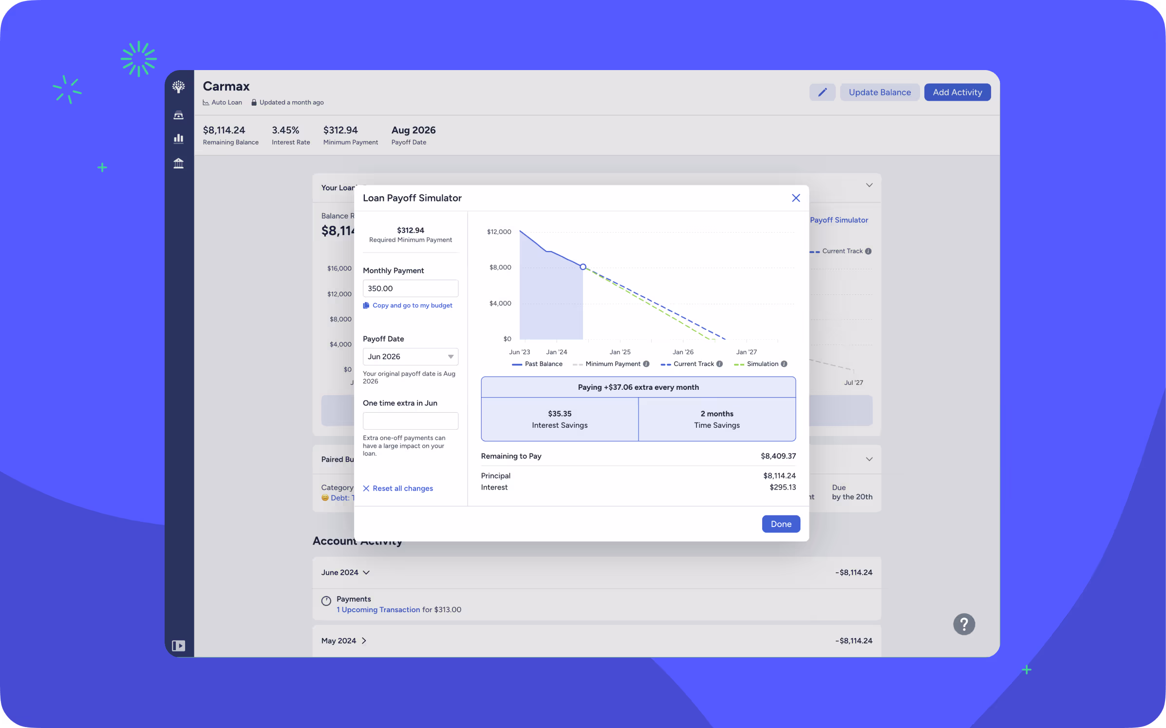 The loan payoff simulator in the YNAB web app